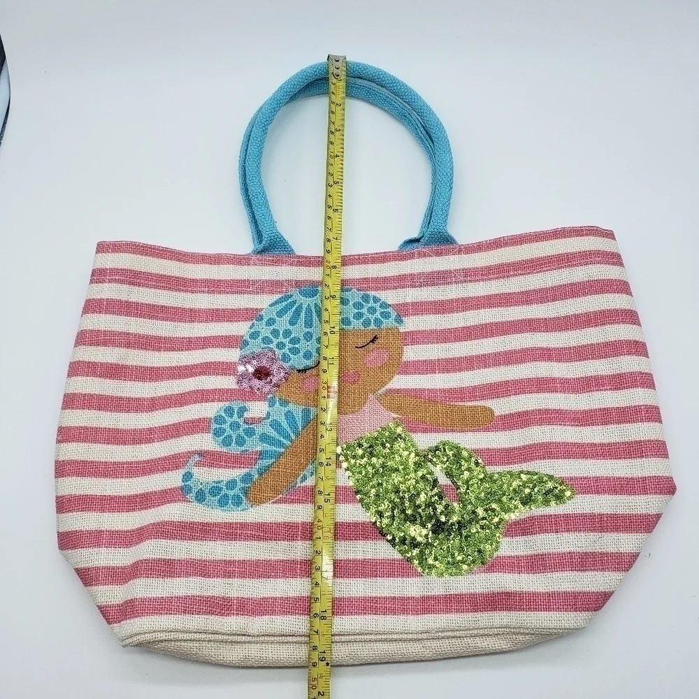 MUD Pie unisex mermaid tote bag pink stripe sequin woven fiber aqua handles